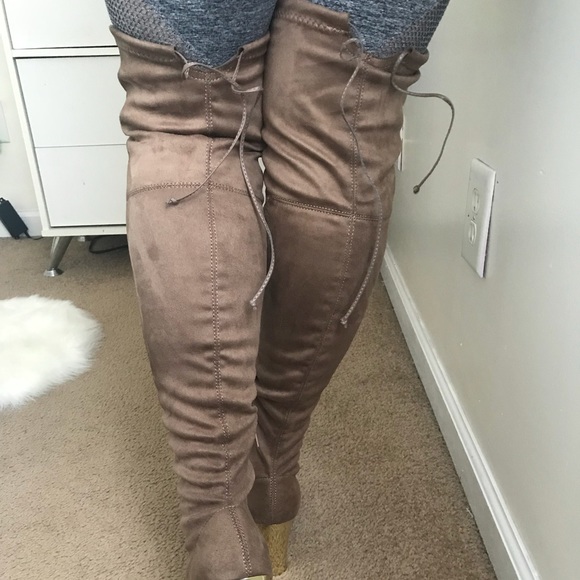 taupe thigh high boots outfit